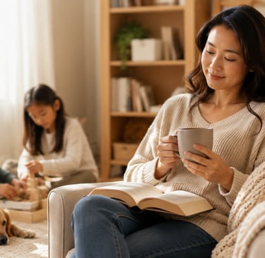 christian mother enjoys coffee and a book while her children and golden retriever play 