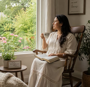 A woman sitting in a rocking chair by a window with an open Bible and a cup of tea, reflecting quiet