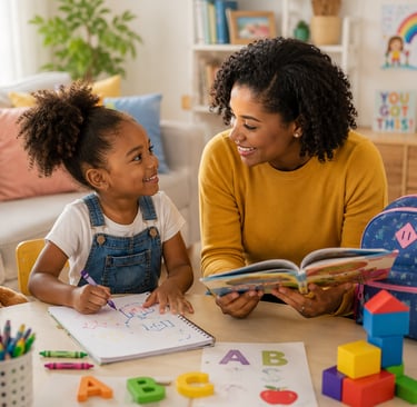 Christian mother and young daughter engaged in creative preschool learning activities at home.