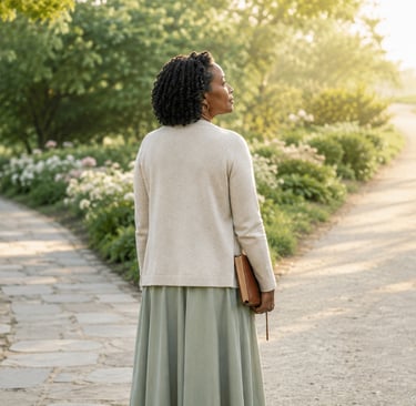 Woman standing at a fork in the road making a decision