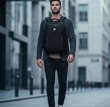 a man in a suit and a backpacker