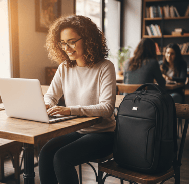 Un joven de tez oscura, vestido con una camisa gris, lleva un morral/mochila negra