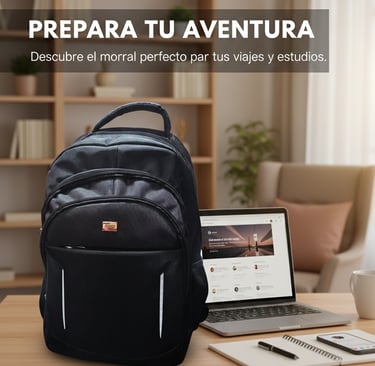Mochila negra de la marca Speed Bag exhibida en un entorno de trabajo con una laptop y material de estudio