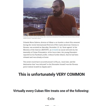 News article reporting filmmaker Orlando Mora arrested in Cuba for denouncing censorship at Havana Festival.