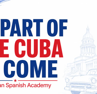 Cuban Spanish Academy advertisement with vintage car and Capitolio outline in Havana.