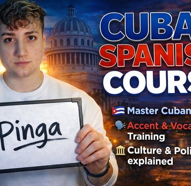 Young man holding a whiteboard with Cuban slang for a Spanish language course thumbnail.
