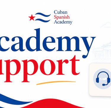 Cuban Spanish Academy support banner featuring customer service icons and Havana's Capitolio building.