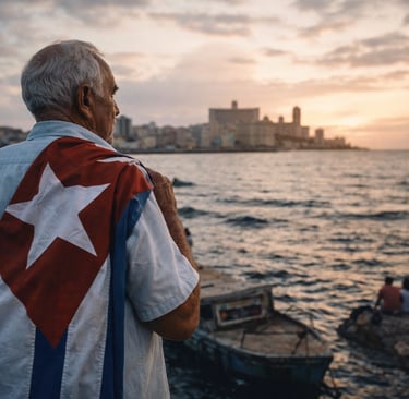 An elderly man with a Cuban flag draped over his shoulder looks at the Havana skyline at sunset.