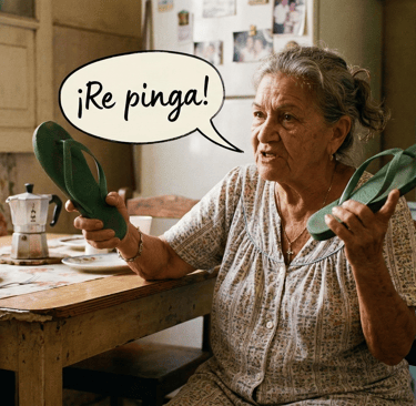 Elderly Latina grandmother in a kitchen holding green flip-flops with a Re pinga speech bubble.