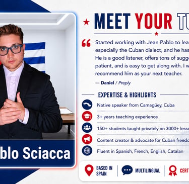 Professional profile of Jean Pablo Sciacca, a native Cuban Spanish tutor offering online language lessons.