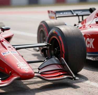A close-up, low-angle photograph of an IndyCar's tire and suspension during a high-stakes pit stop. Dramatic lighting captures the raw energy and heat haze. The color palette features deep reds and metallic grays against an off-white concrete pit lane. Professional motorsport photography style in a North American / US context.