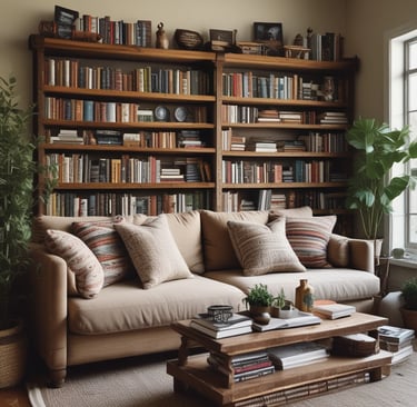 A cozy living room corner with soft throw pillows, a textured rug, and warm ambient lighting.