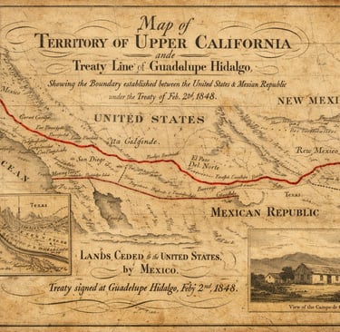 Vintage 1848 map showing the Treaty of Guadalupe Hidalgo boundary and Mexican Cession lands.