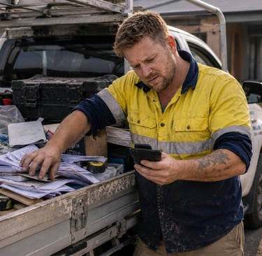 A tradie in high-vis clothing checks his smartphone looking for a quote. 