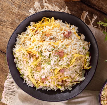 arroz biro biro soltinho com bacon e batata palha estilo restaurante