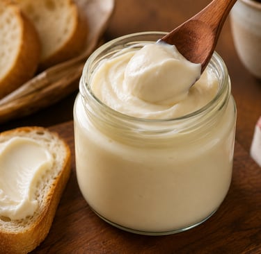 requeijão caseiro cremoso servido em pote de vidro