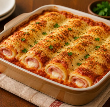 rondelli de presunto e queijo gratinado ao molho cremoso