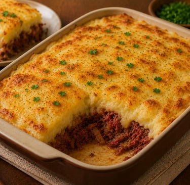 escondidinho de carne seca gratinado com purê cremoso
