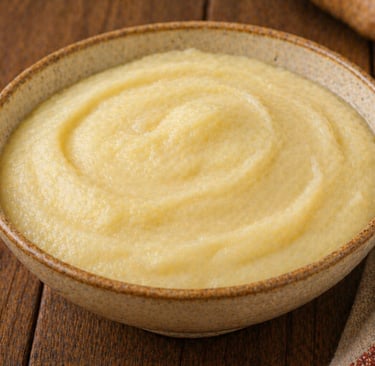 purê de mandioca cremoso servido como acompanhamento caseiro