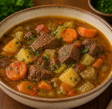 sopa de carne com legumes e caldo encorpado