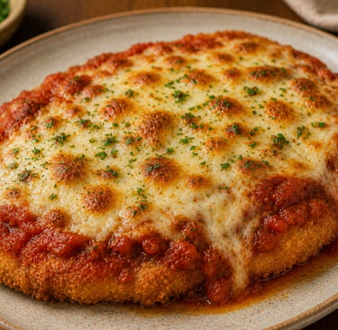 frango à parmegiana crocante com queijo gratinado e molho