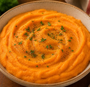purê de batata doce cremoso servido como acompanhamento