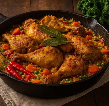 galinha caipira com caldo bem temperado e aparência caseira