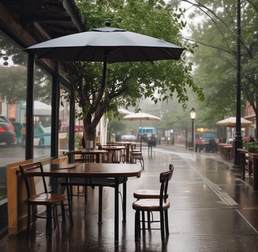 a table with chairs and umbrellas on a rainy day