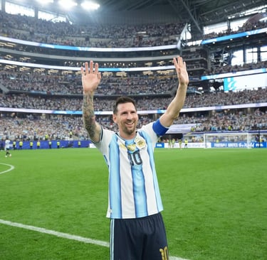 Lionel Messi waving to fans in an Argentina jersey at a crowded soccer stadium.