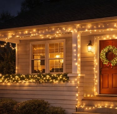 Casa decorada para o natal com luzes na varanda, guirlanda na porta e árvore iluminada no jardim.