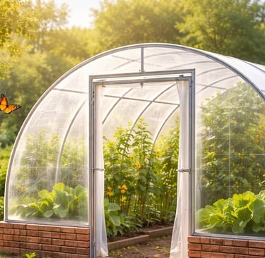 estufa de horta caseira com arcos e plástico transparente e base de tijolos