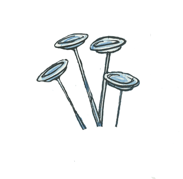 Hand-drawn illustration of circus performers spinning four blue plates on thin poles.