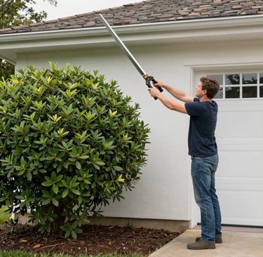 A neatly trimmed lawn with a LawnLift mower parked beside a freshly mulched flower bed.