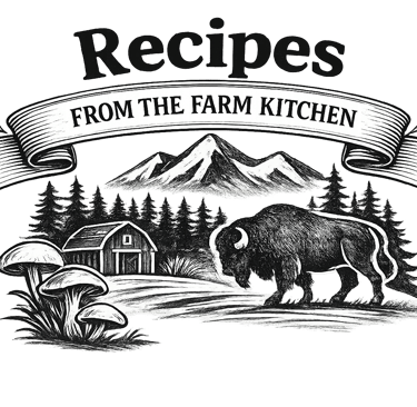Rustic farm kitchen recipes logo featuring a bison, barn, and mountains in a vintage sketch style.