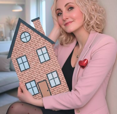 A blonde real estate agent in a pink blazer holding a cardboard house cutout for property marketing.