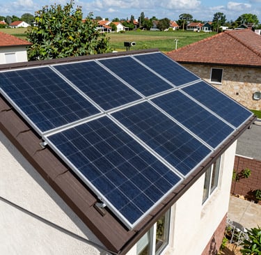 A bright solar panel glistening under the Kenyan sun with lush greenery in the background.