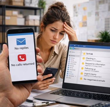 woman looking frustrated and worried because she's received no response to her emails and calls