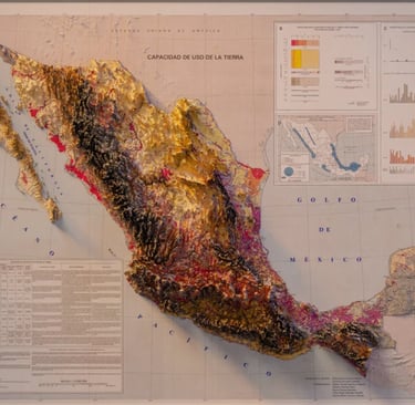 A 3D raised relief map of Mexico displaying land use capacity with topographical texture and data charts.
