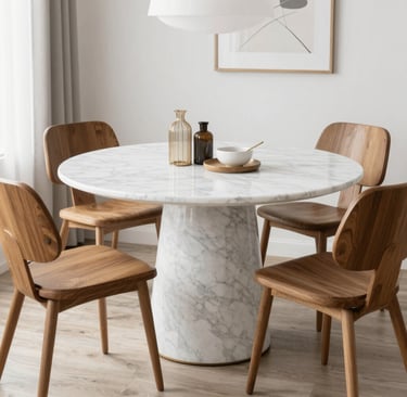 A stylish dining table arrangement with custom-made wood and metal finishes.