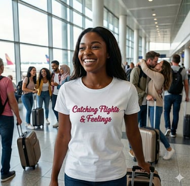 a woman in a white shirt with a travel slogan Catching flights & feelings and jeans and a suitcase