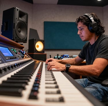 Dynamic low-angle shot of a South American music producer at work behind a large sound desk, colorful studio lights reflecting on equipment, modern and elegant vibe.