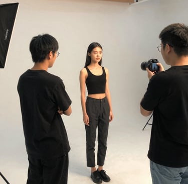 A cinematic frame from a stylish promotional video featuring bold lighting and colors.