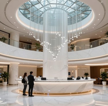 A bright hotel lobby with bold blue accents and sleek modern furniture reflecting Miami's glamour.