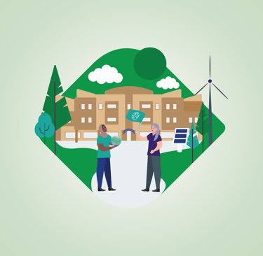  Two people stand in front of a building, with wind turbines visible in the background