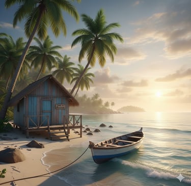 A rustic beach hut and wooden boat on a tropical island shore at sunset with palm trees.