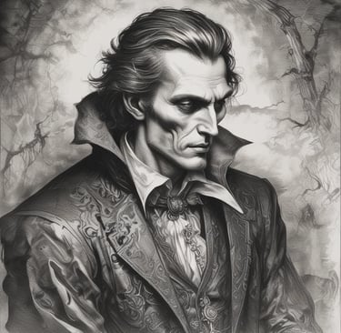Gothic charcoal drawing of a sinister vampire nobleman in ornate Victorian attire against a misty forest.