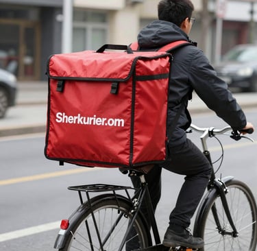 A courier riding a bicycle with a large insulated delivery bag through a scenic Austrian city street.