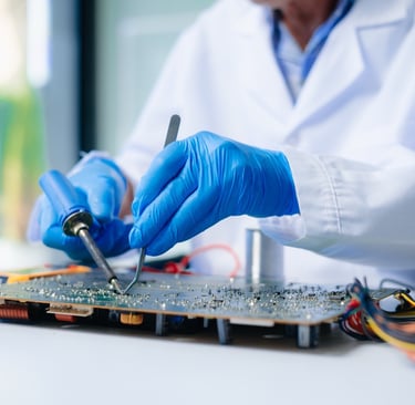 Technician soldering electronic circuit board for custom hardware modification.