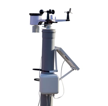 Creanode Gateway mounted on a pole with attached solar panel and weather station sensors