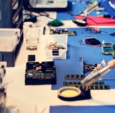 Electronics workstation with tools and circuit boards for hardware development.